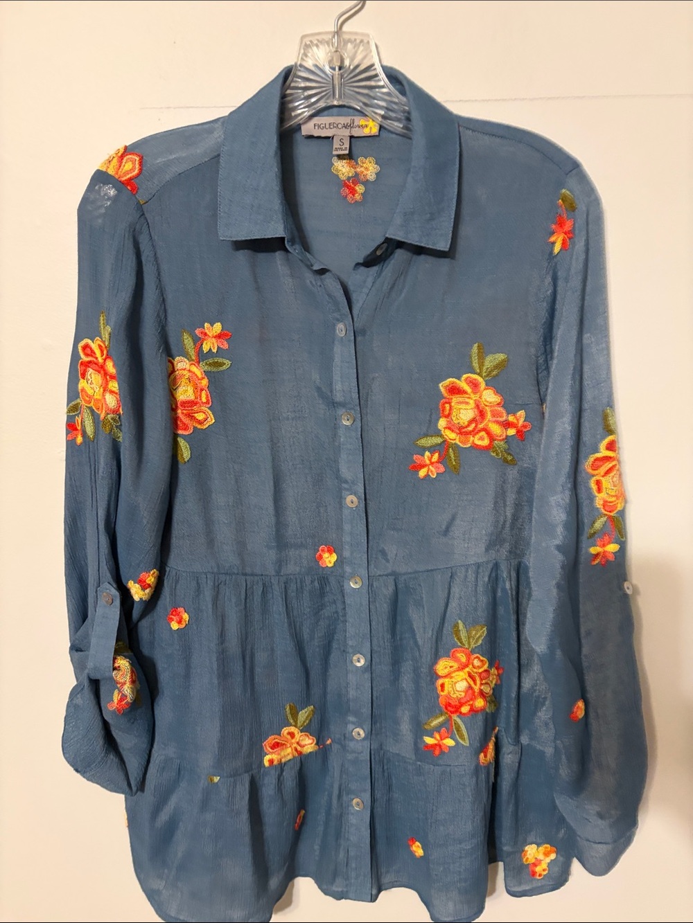 Fig and flower: Blue Button-Front Shirt with Orange Floral Embroidery. Small.